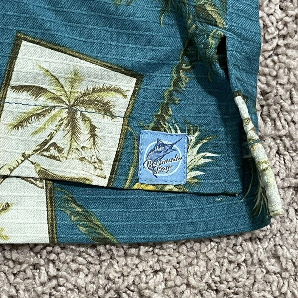 Bermuda Bay Shirt Mens Large Teal Blue Silk Tropical Palm Tree Button Down - Picture 4 of 10